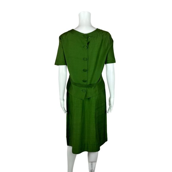 Vintage 70s Suit Set Women's Extra Small Solid Green Silk Blend Skirt Top Busine - Picture 9 of 10
